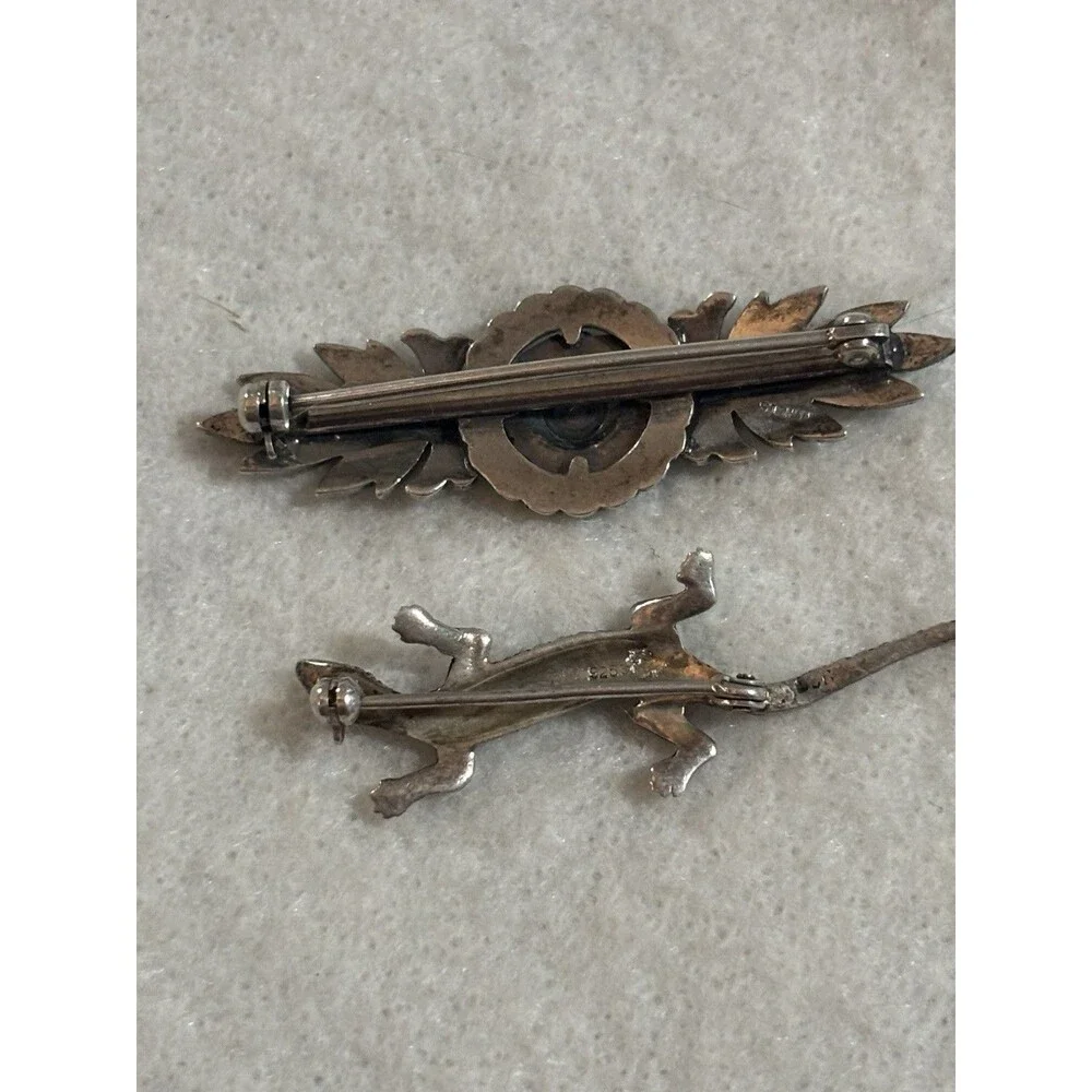 Vintage 925 Sterling Silver Marcasite 2 Brooch Pair Gecko Lizard Floral Bar Pins